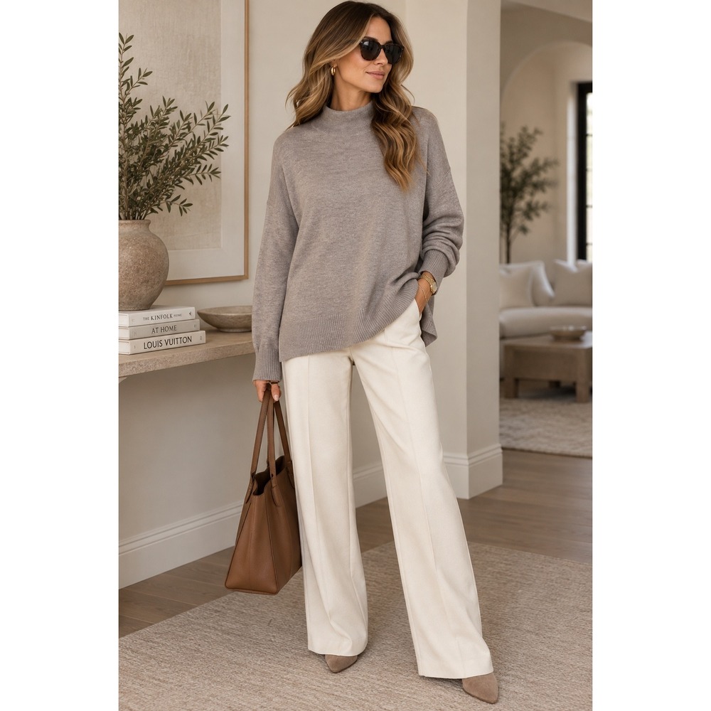 Splendid Womens Taupe Mock Neck Sweater Oversized Quiet Luxury Minimalist Medium